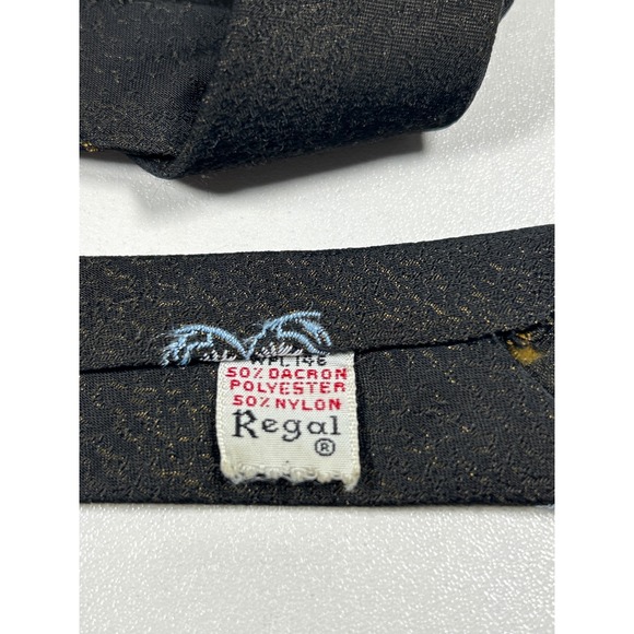Vintage Regal Mens Tie Black Gold Textured Blue Embroidered Dacron Nylon Skinny - Picture 5 of 6